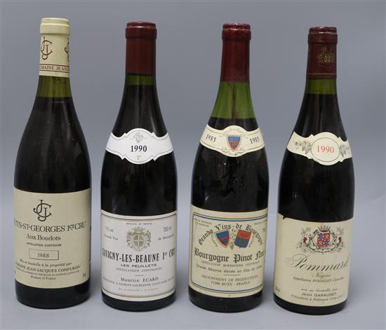 Nine assorted Burgundy wines including three Nuit St. Georges, one er Cru, 1988, one Pommard, 1990, one Marsannay, 1985 and one Savigny